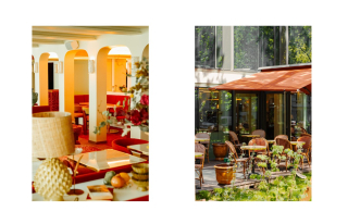 Terrasse verdoyante et salle lumineuse aux tons terracotta dans le restaurant Laïa Monceau, Paris 8