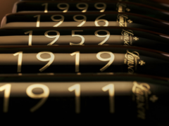 Plusieurs bouteilles de Champagne Lanson millésimées, alignées avec des années allant de 1911 à 1999