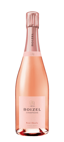Bouteille de Champagne Boizel Rosé Absolu, étiquette et coiffe rose élégante.