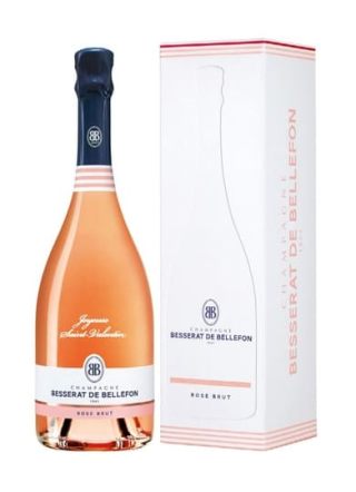 Bouteille de Rose Brut Besserat de Bellefon avec personnalisation « Joyeuse Saint-Valentin » et son étui blanc