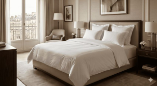 Lit avec literie de luxe dans une chambre d’hôtel haut de gamme, draps blancs et ambiance élégante