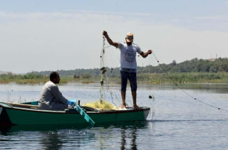 Pêcheur debout sur une barque, remontant un filet de pêche sur le Nil.